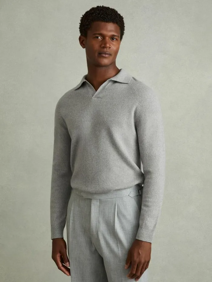 REISS Polo Shirts Men WoolCashmere OpenCollar Polo Shirt Soft Grey Melange