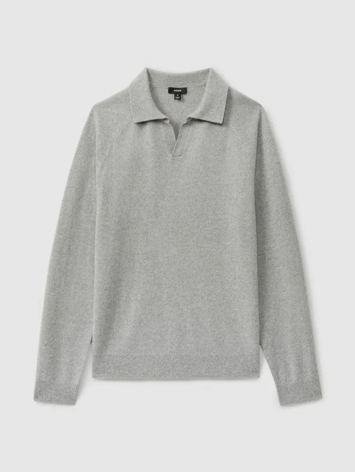REISS Polo Shirts Men WoolCashmere OpenCollar Polo Shirt Soft Grey Melange