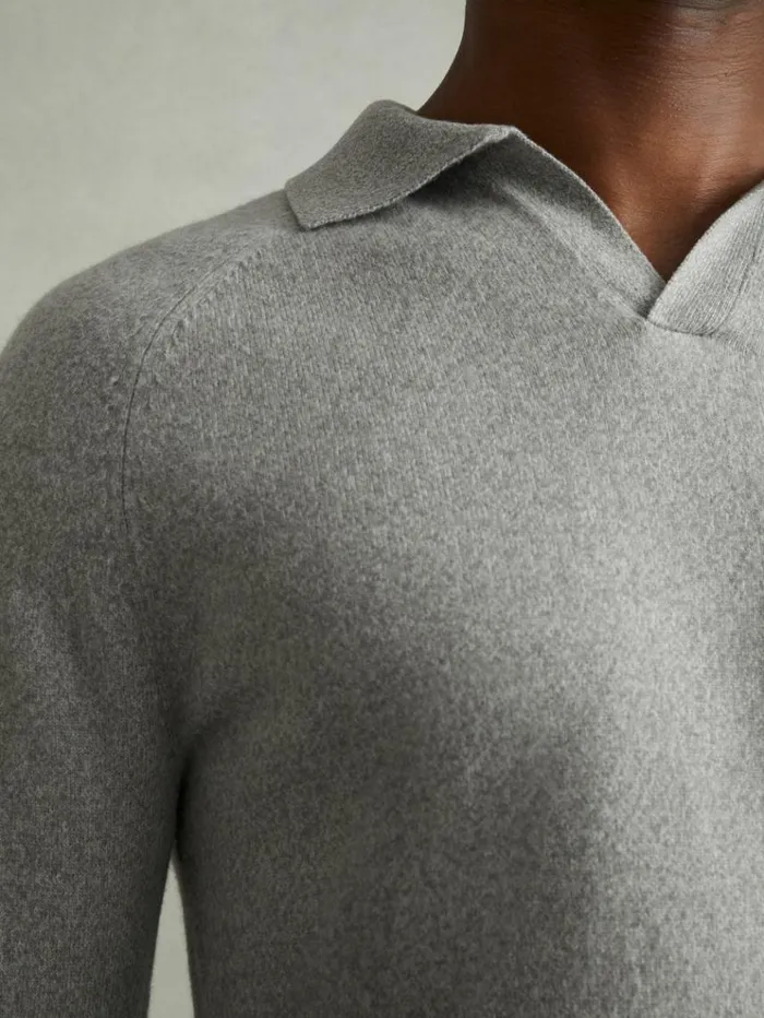 REISS Polo Shirts Men WoolCashmere OpenCollar Polo Shirt Soft Grey Melange