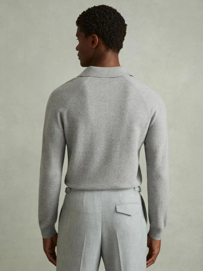 REISS Polo Shirts Men WoolCashmere OpenCollar Polo Shirt Soft Grey Melange