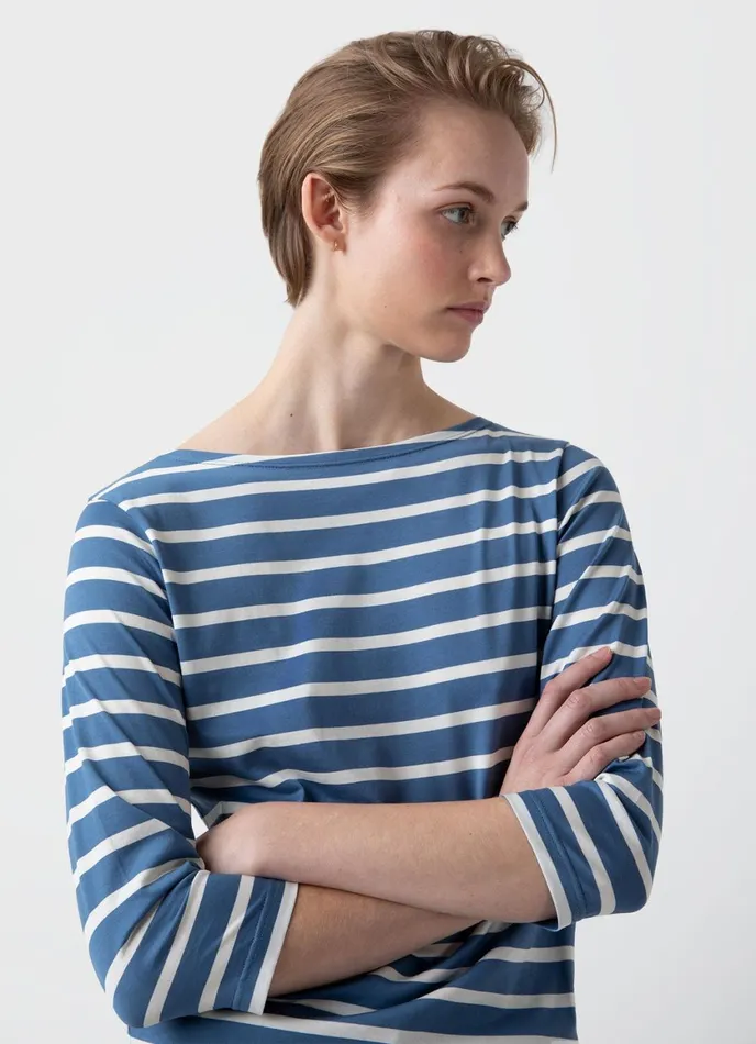 34 Sleeve Boat Neck Tshirt Bluestoneecru Breton Stripe Women SUNSPEL Tshirts and Tops