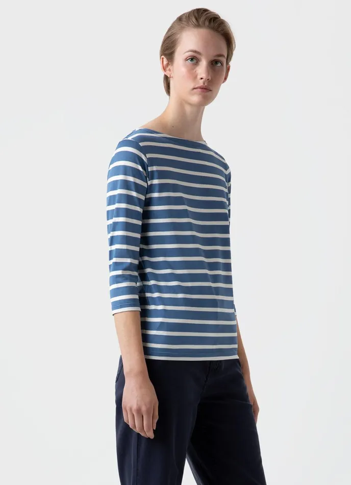 34 Sleeve Boat Neck Tshirt Bluestoneecru Breton Stripe Women SUNSPEL Tshirts and Tops