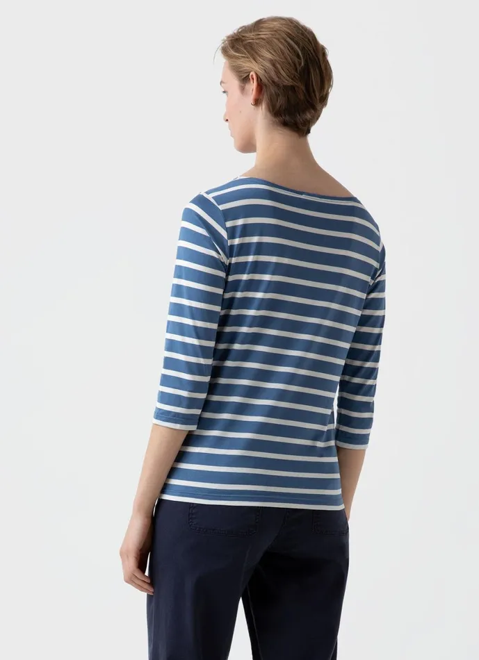 34 Sleeve Boat Neck Tshirt Bluestoneecru Breton Stripe Women SUNSPEL Tshirts and Tops