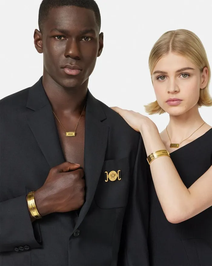 90s Vintage Logo Cuff Bracelet Blackgold WomenMen Versace Bracelets