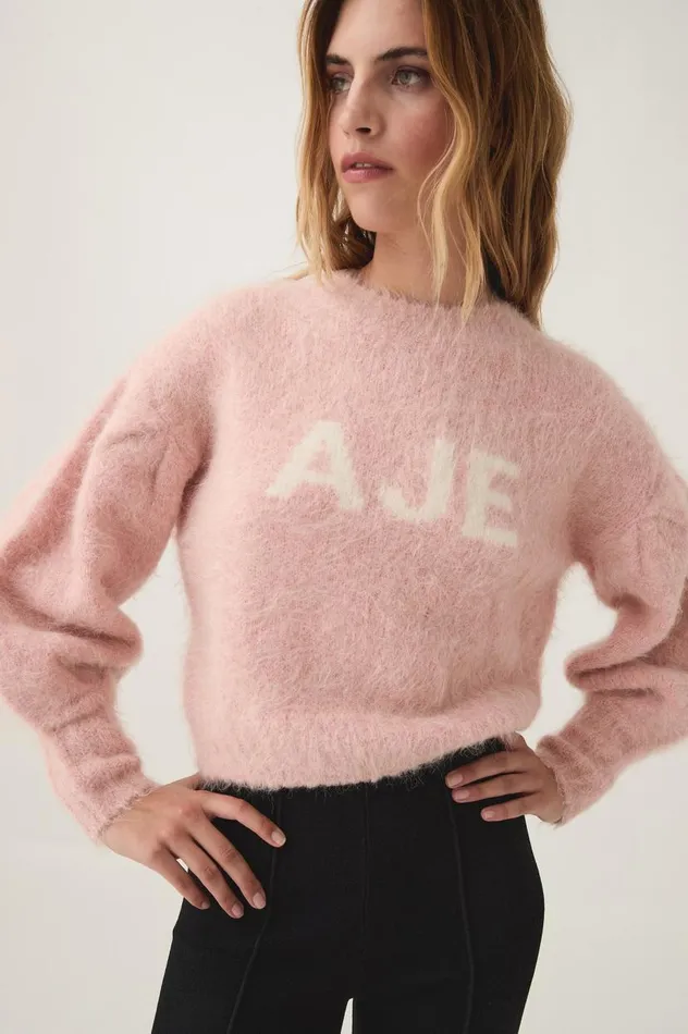 Aje Knitwear and Jumpers Moment Crew Neck Knit Blush Pink White Logo 8211 Women