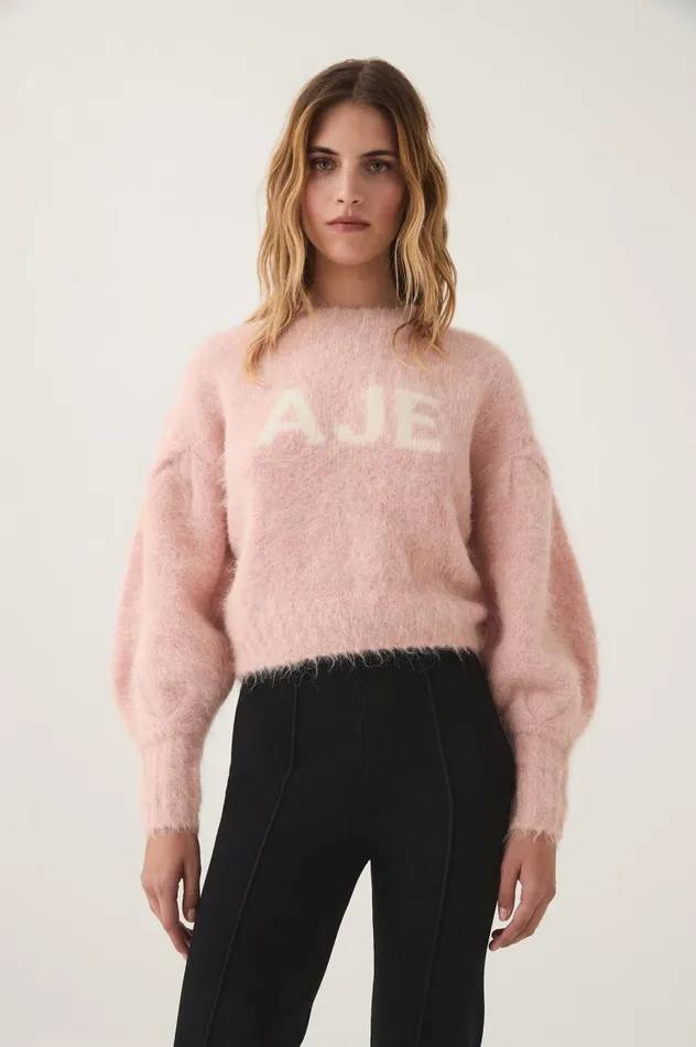 Aje Knitwear and Jumpers Moment Crew Neck Knit Blush Pink White Logo 8211 Women Aje Knitwear and Jumpers Moment Crew Neck Knit Blush Pink White Logo 8211 Women