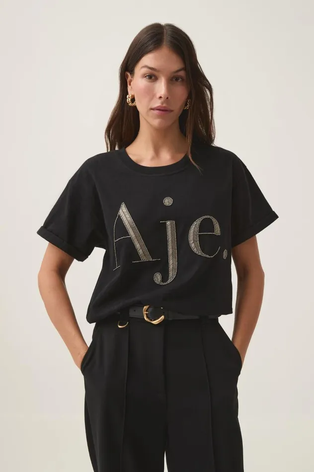 Aje Tees Glint Embellished Logo Tee Black Gunmetal Logo 8211 Women