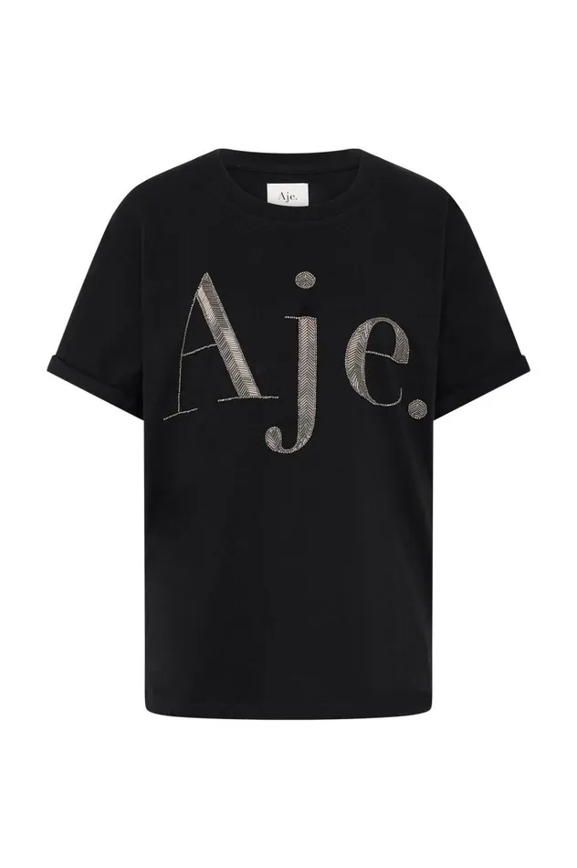 Aje Tees Glint Embellished Logo Tee Black Gunmetal Logo 8211 Women