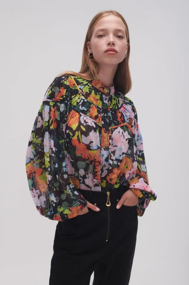 Aje Tops Nellie Ruched Swing Blouse Midnight Floral 8211 Women