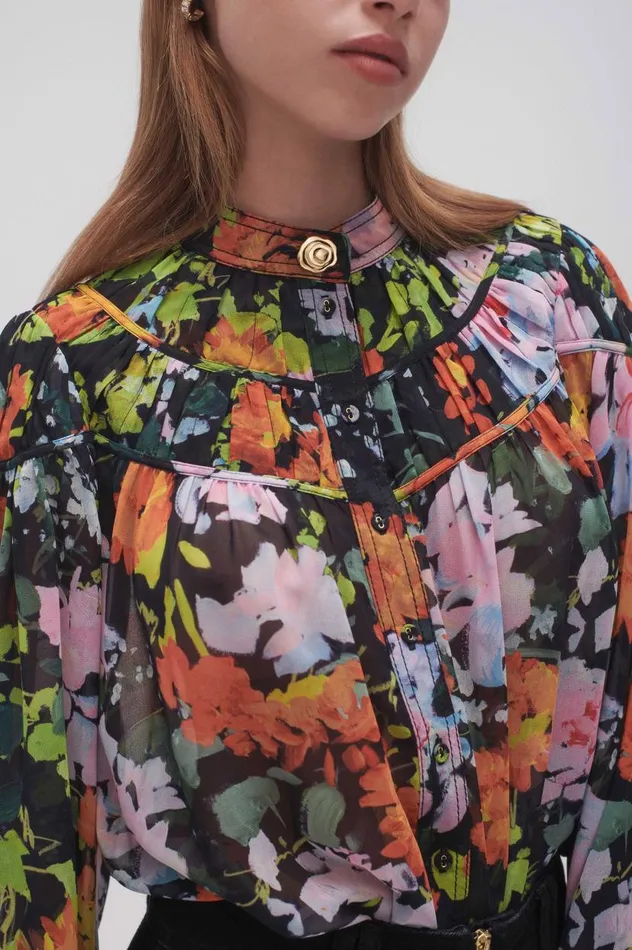 Aje Tops Nellie Ruched Swing Blouse Midnight Floral 8211 Women