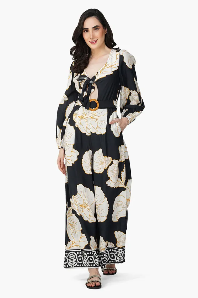 America and Beyond Black And White Floral Daze Printed Jumpsuit Women Jumpsuits