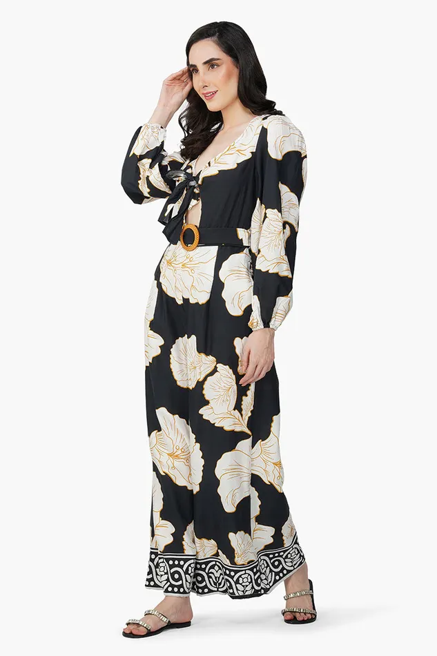 America and Beyond Black And White Floral Daze Printed Jumpsuit Women Jumpsuits
