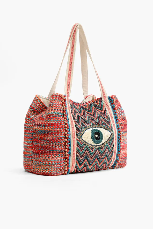 America and Beyond Evil Eye Good Luck Hand Beaded Orange and Blue Tote Bag Women Beach Bags