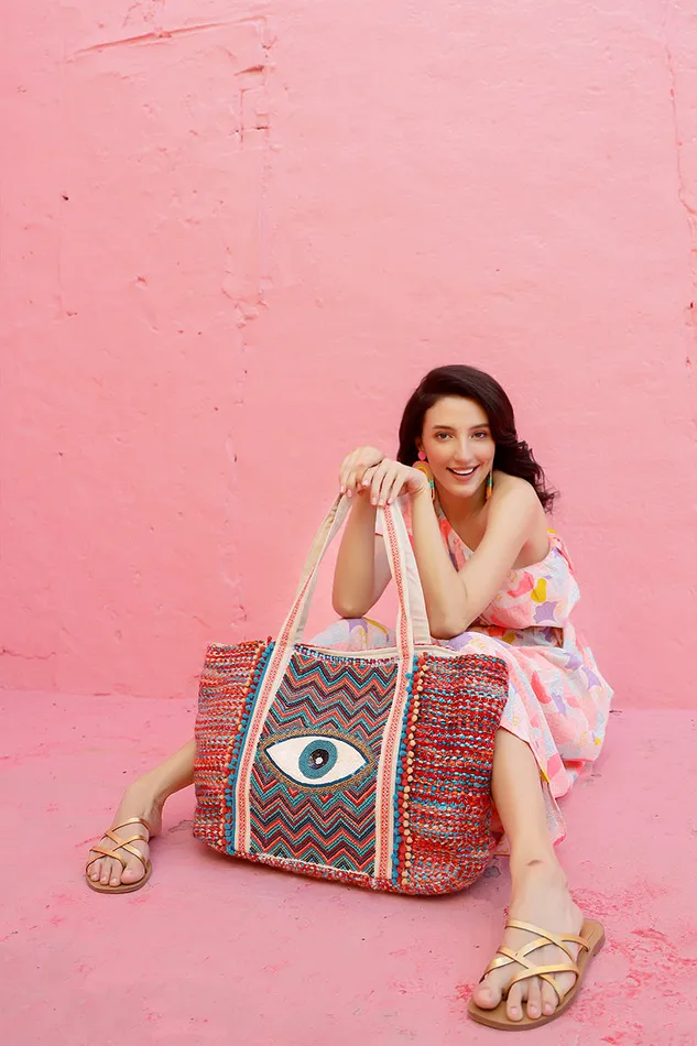 America and Beyond Evil Eye Good Luck Hand Beaded Orange and Blue Tote Bag Women Beach Bags