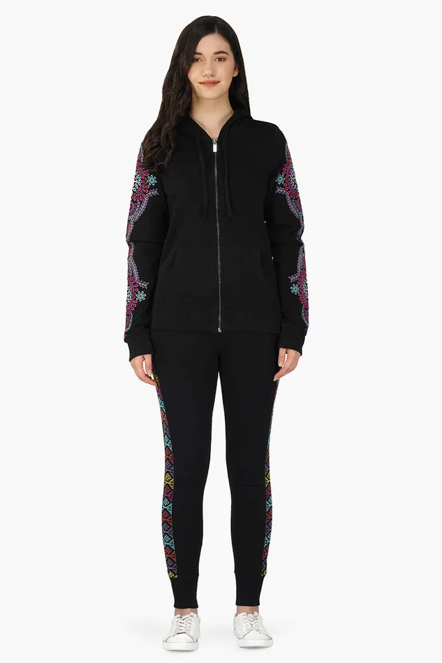 America and Beyond Jackets Women Black embroidered Long sleeve hooded jacket