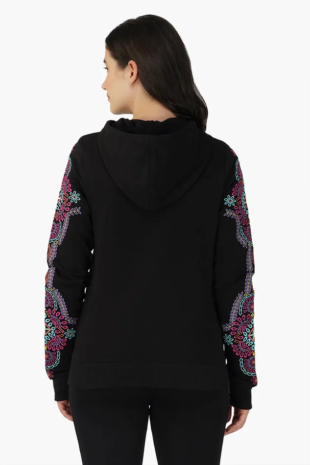 America and Beyond Jackets Women Black embroidered Long sleeve hooded jacket