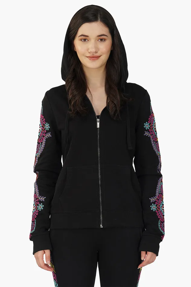 America and Beyond Jackets Women Black embroidered Long sleeve hooded jacket