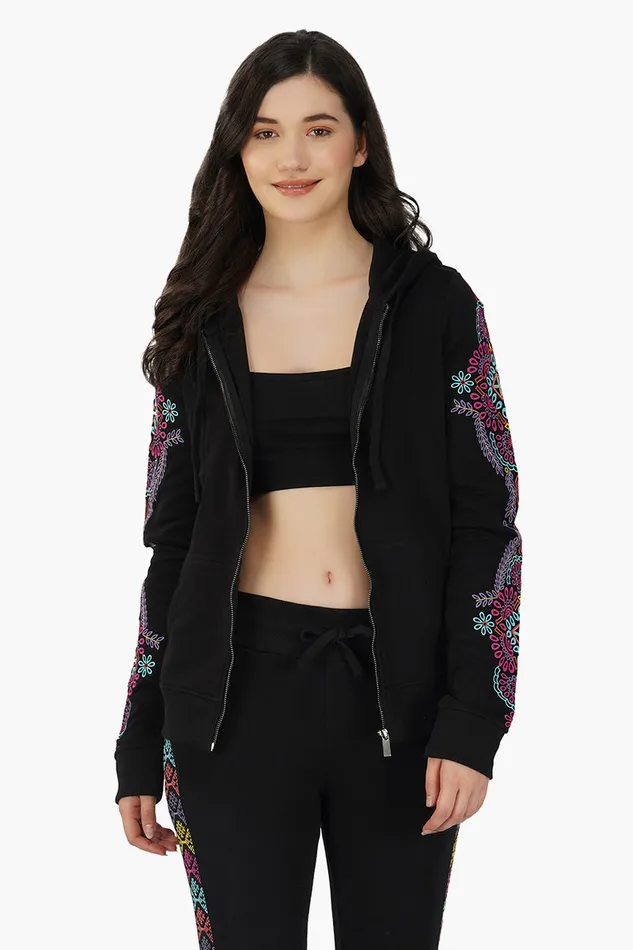 America and Beyond Jackets Women Black embroidered Long sleeve hooded jacket