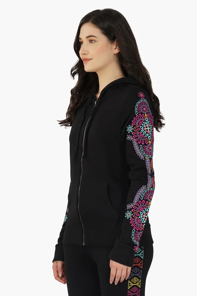 America and Beyond Jackets Women Black embroidered Long sleeve hooded jacket