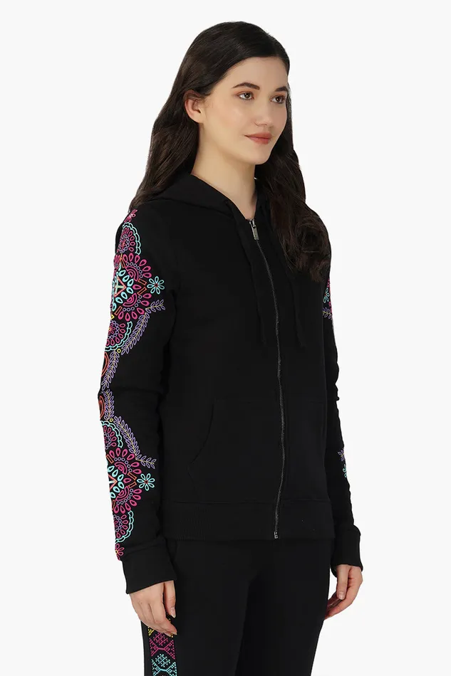 America and Beyond Jackets Women Black embroidered Long sleeve hooded jacket