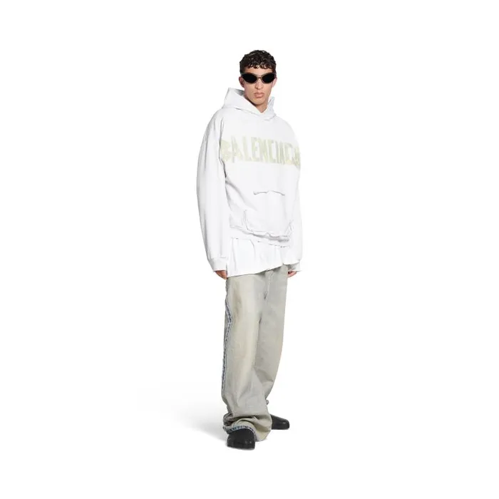 Balenciaga Sweatshirts and Hoodies WomenMen Tape Type Ripped Pocket Hoodie Large Fit In White White