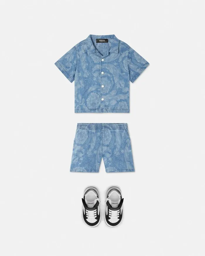 Barocco Chambray Baby Shirt Light Blue Children Versace Clothing
