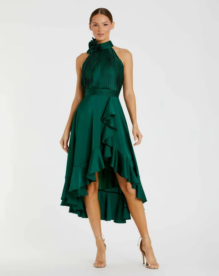 Best Sellers Green Halter Neck Flower Detail Ruffled Midi Dress Emerald Mac Duggal Women