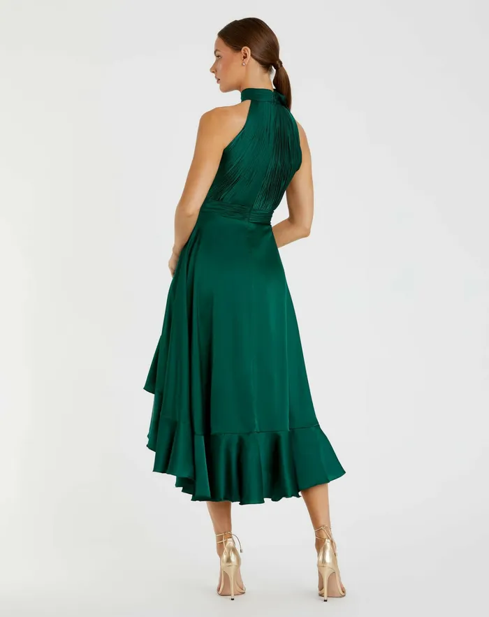 Best Sellers Green Halter Neck Flower Detail Ruffled Midi Dress Emerald Mac Duggal Women
