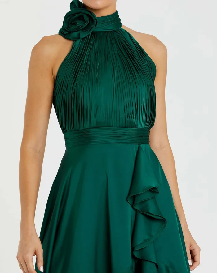 Best Sellers Green Halter Neck Flower Detail Ruffled Midi Dress Emerald Mac Duggal Women