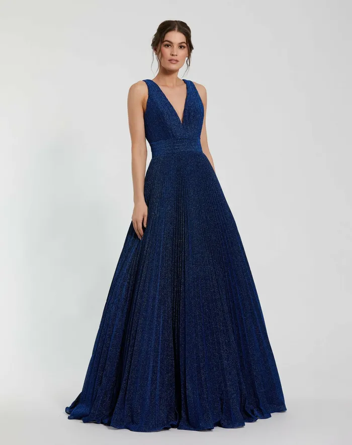 Best Sellers Women Mac Duggal Shimmering Georgette Pleated Sleeveless Gown Royal Best Sellers Women Mac Duggal Shimmering Georgette Pleated Sleeveless Gown Royal