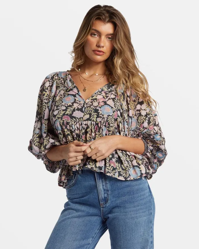 Billabong Adore You Blouson Sleeve Shirt Black Sands Womens Tops Billabong Adore You Blouson Sleeve Shirt Black Sands Womens Tops