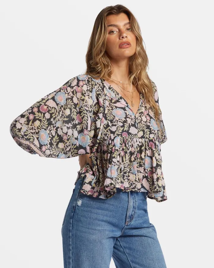 Billabong Adore You Blouson Sleeve Shirt Black Sands Womens Tops Billabong Adore You Blouson Sleeve Shirt Black Sands Womens Tops