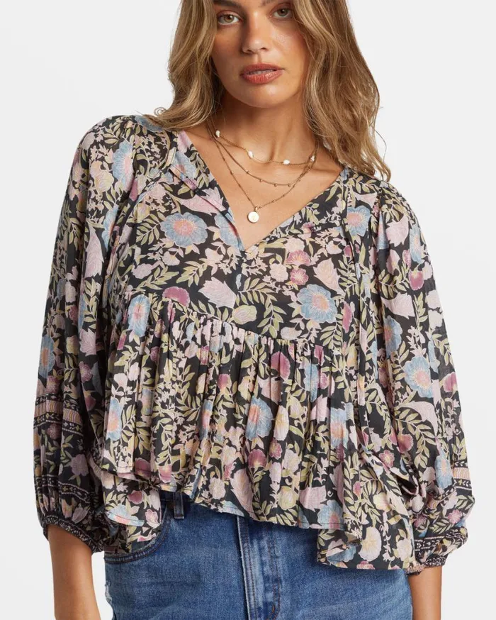 Billabong Adore You Blouson Sleeve Shirt Black Sands Womens Tops Billabong Adore You Blouson Sleeve Shirt Black Sands Womens Tops