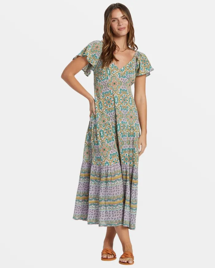 Billabong Summerside Tiered Midi Dress Salt Crystal Womens Dresses