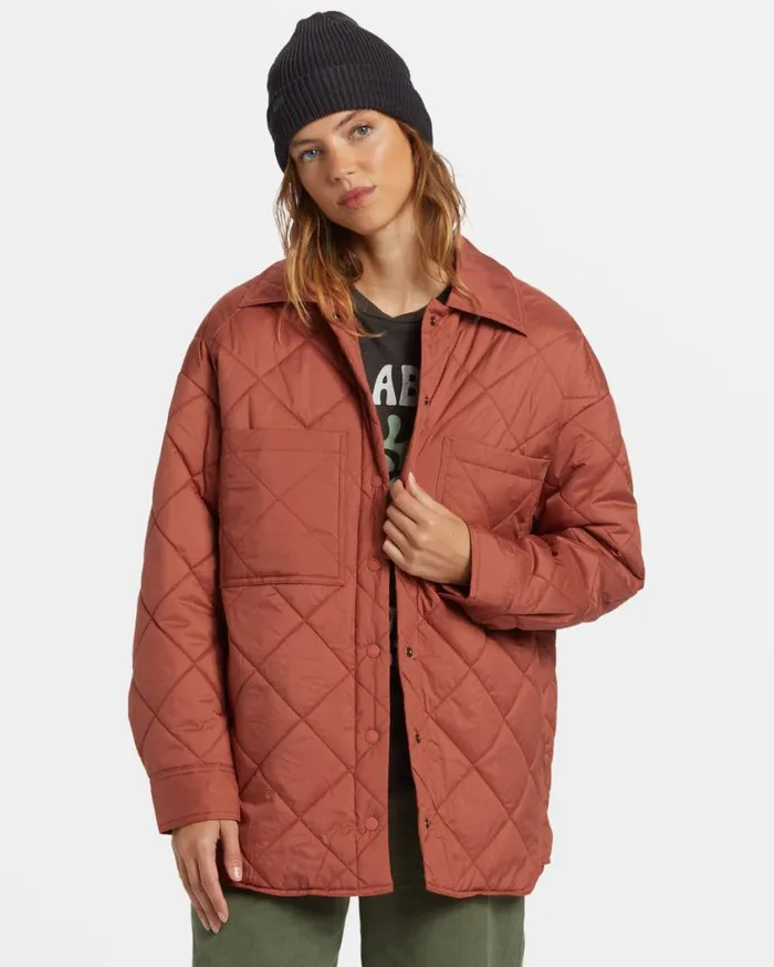 Billabong Transport Shacket Snap Front Overshirt Sweet Chocolate Womens Tops