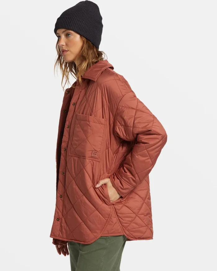 Billabong Transport Shacket Snap Front Overshirt Sweet Chocolate Womens Tops