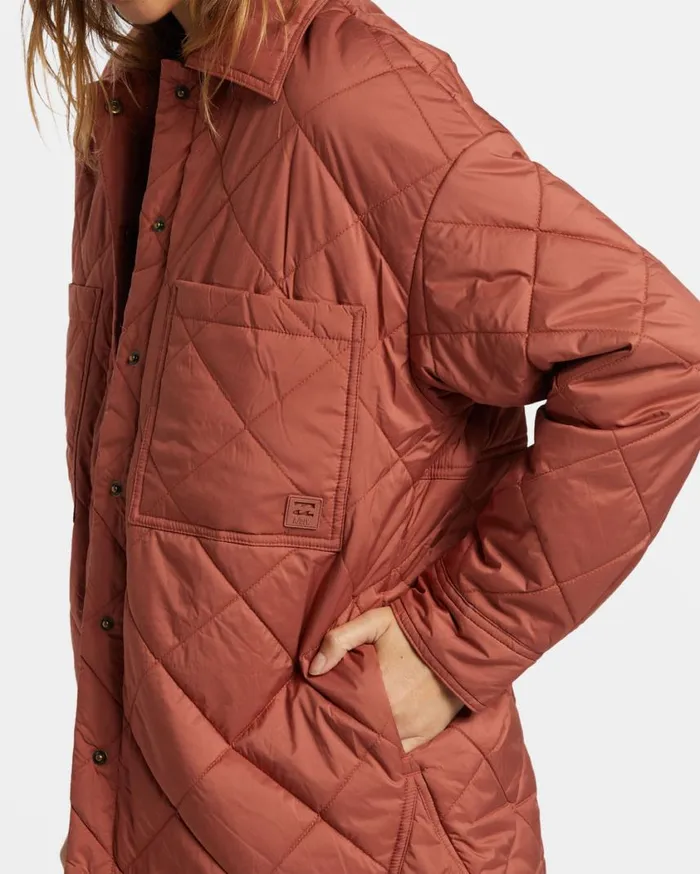 Billabong Transport Shacket Snap Front Overshirt Sweet Chocolate Womens Tops