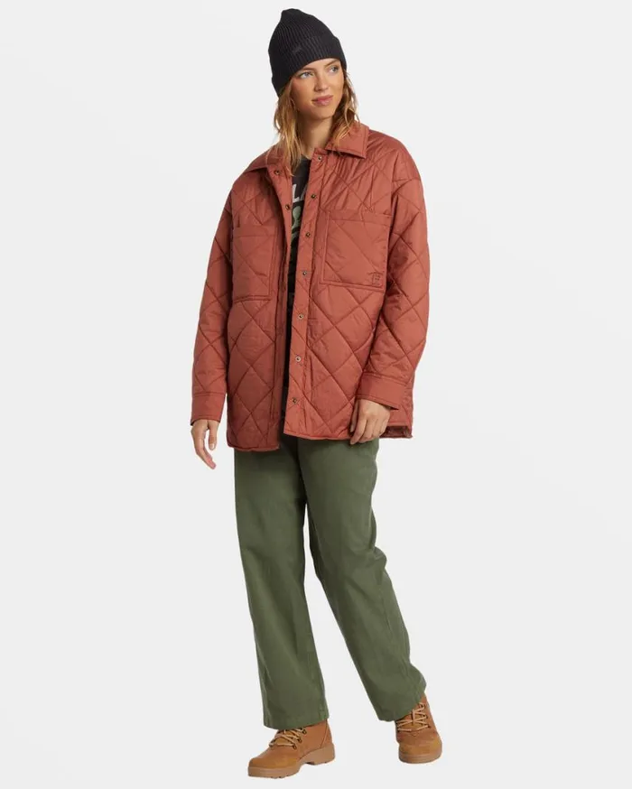Billabong Transport Shacket Snap Front Overshirt Sweet Chocolate Womens Tops