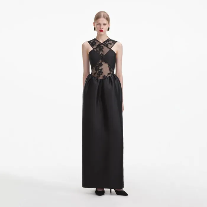 Black Lace Taffeta Maxi Dress Women Self Portrait Dresses