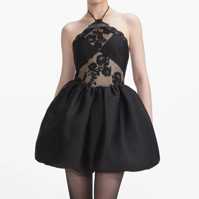 Black Taffeta Halterneck Mini Dress Women Self Portrait Dresses Black Taffeta Halterneck Mini Dress Women Self Portrait Dresses