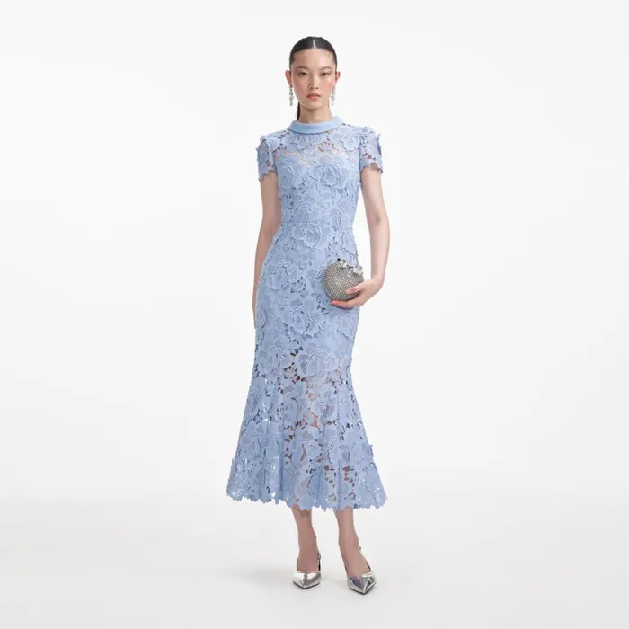 Blue Flower Lace Contrast Collar Midi Dress Women Self Portrait Dresses