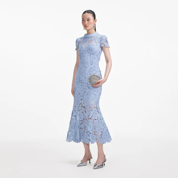 Blue Flower Lace Contrast Collar Midi Dress Women Self Portrait Dresses