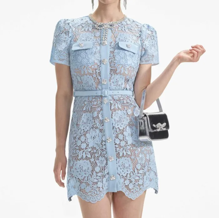 Blue Lace Diamante Bow Mini Dress Women Self Portrait Dresses