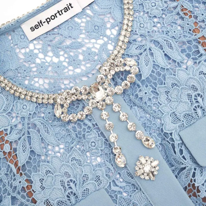 Blue Lace Diamante Bow Mini Dress Women Self Portrait Dresses
