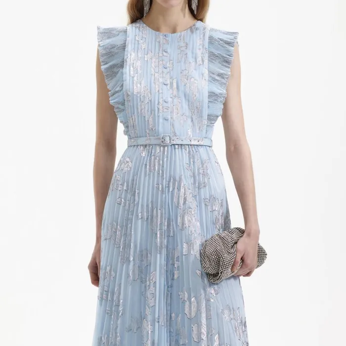 Blue Metallic Floral Midi Dress Women Self Portrait Dresses Blue Metallic Floral Midi Dress Women Self Portrait Dresses