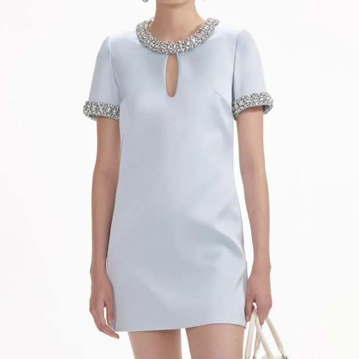 Blue Satin Embellished Mini Dress Women Self Portrait Dresses