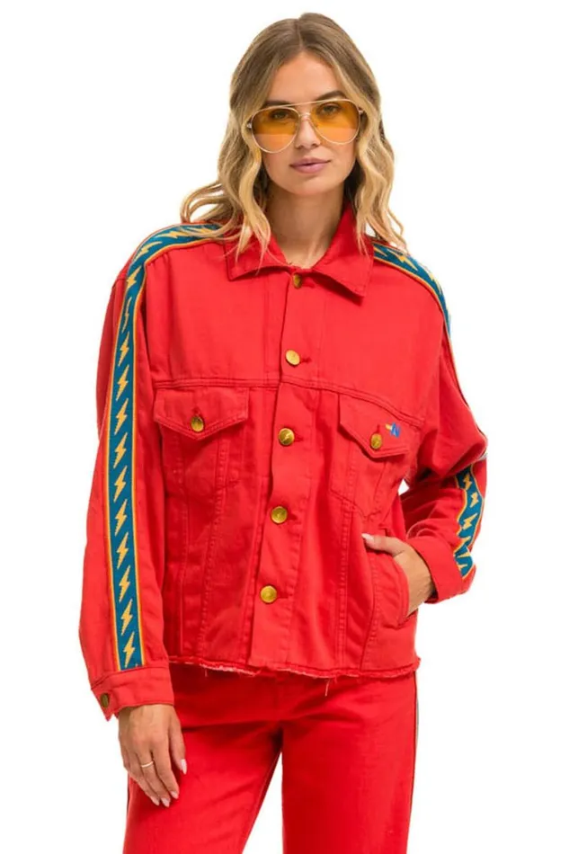 Bolt Stripe Oversized Cutoff Denim Jacket 8211 Red WomenMen Aviator Nation Denim Bolt Stripe Oversized Cutoff Denim Jacket 8211 Red WomenMen Aviator Nation Denim