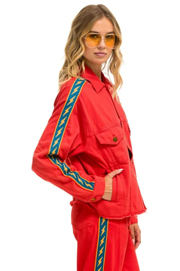 Bolt Stripe Oversized Cutoff Denim Jacket 8211 Red WomenMen Aviator Nation Denim