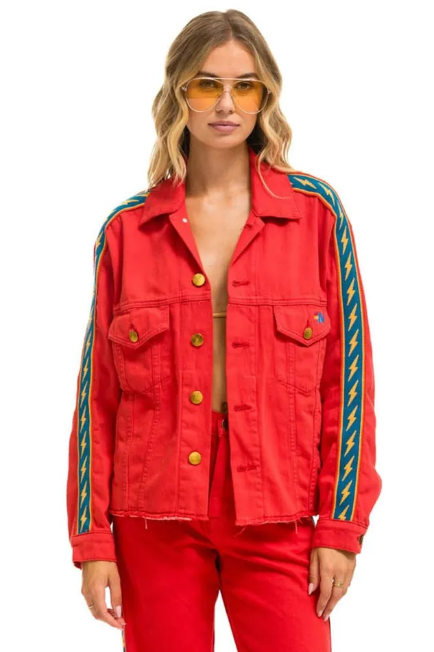 Bolt Stripe Oversized Cutoff Denim Jacket 8211 Red WomenMen Aviator Nation Denim