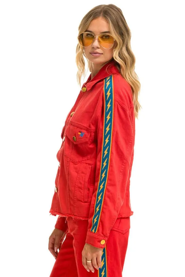 Bolt Stripe Oversized Cutoff Denim Jacket 8211 Red WomenMen Aviator Nation Denim